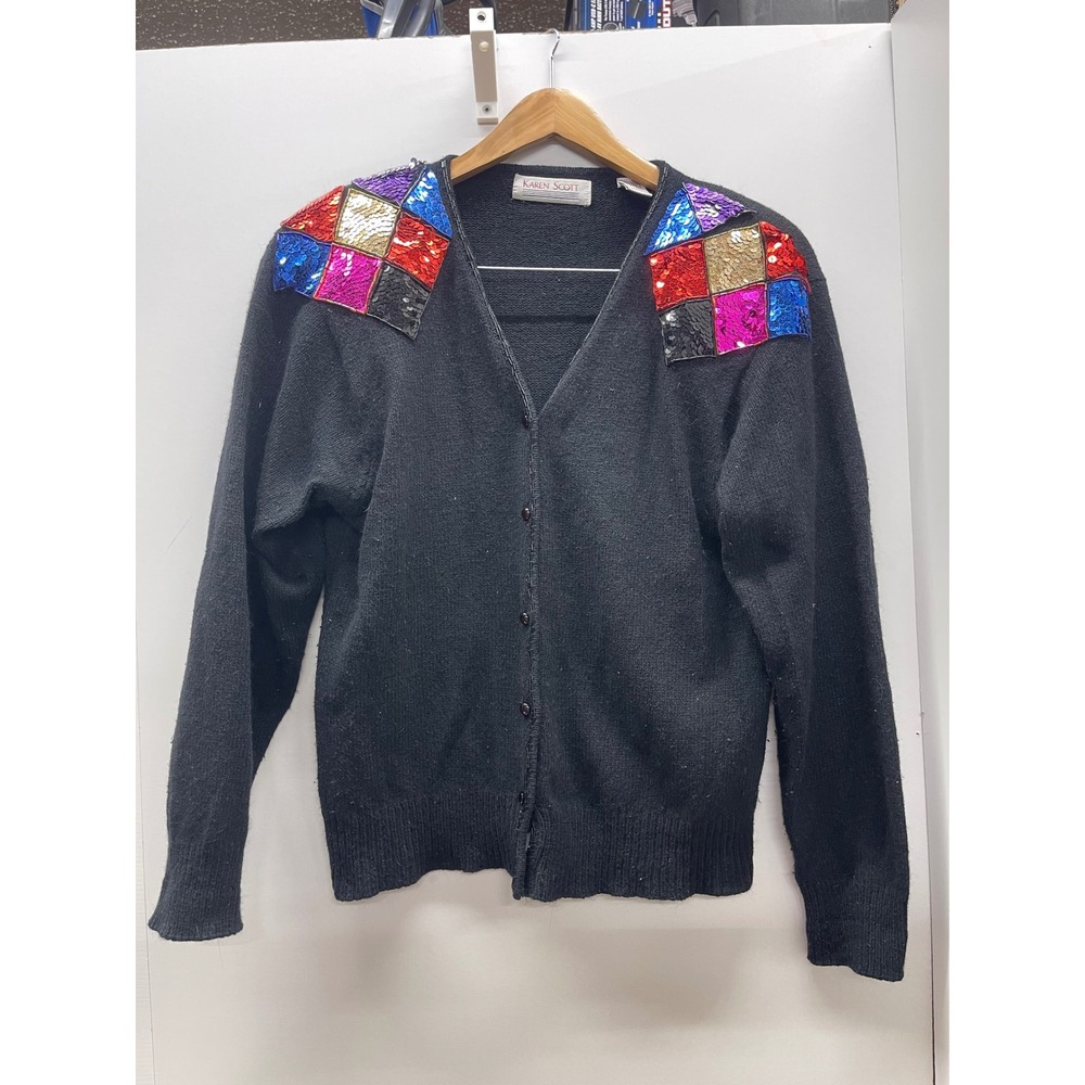 Vintage Karen Scott Black Silk Angora Sequin Harlequin Cardigan Sweater Large